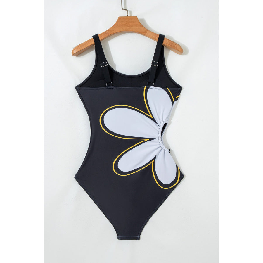 Black Drawstring Big Hole Floral Print Sleeveless One Piece Swimsuit Swimwear/One Piece Swimsuit