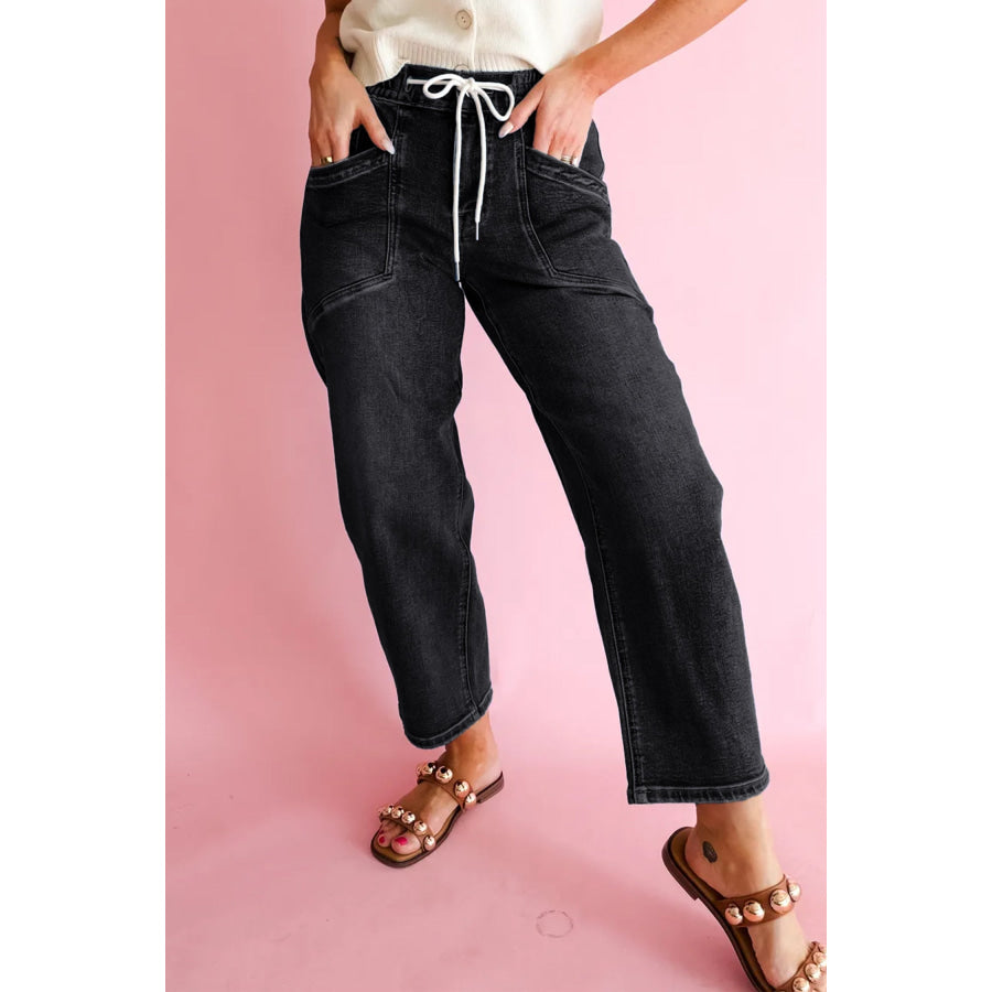 Black Drawstring Waist Ankle Length Casual Jeans Regular Fit Pocket Detail Denim Pants Black / 4 / 75% Cotton + 23% Polyester + 2% Elastane