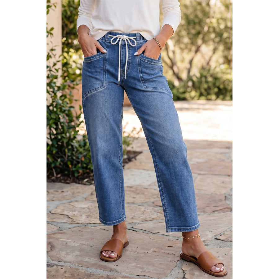 Black Drawstring Waist Ankle Length Casual Jeans Regular Fit Pocket Detail Denim Pants Ashleigh Blue / 4 / 75% Cotton + 23% Polyester + 2%