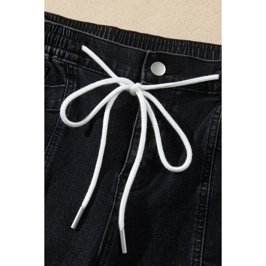 Black Drawstring Waist Ankle Length Casual Jeans Regular Fit Pocket Detail Denim Pants Bottoms/Jeans
