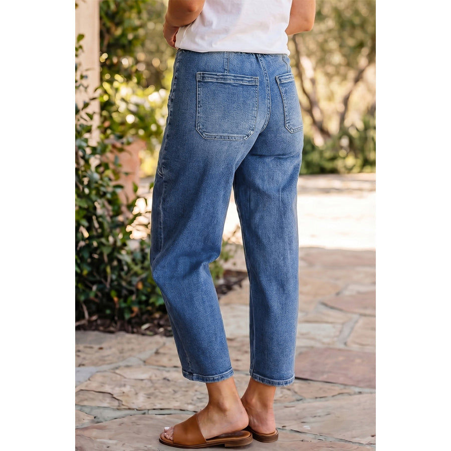 Black Drawstring Waist Ankle Length Casual Jeans Regular Fit Pocket Detail Denim Pants Bottoms/Jeans