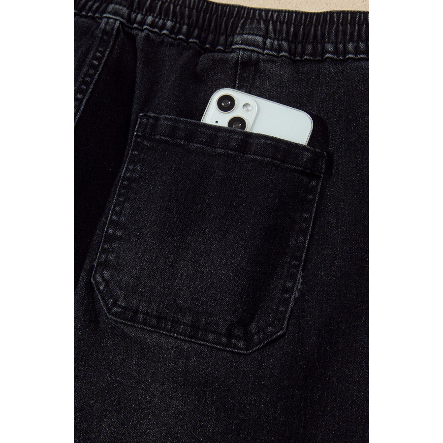 Black Drawstring Waist Ankle Length Casual Jeans Regular Fit Pocket Detail Denim Pants Bottoms/Jeans