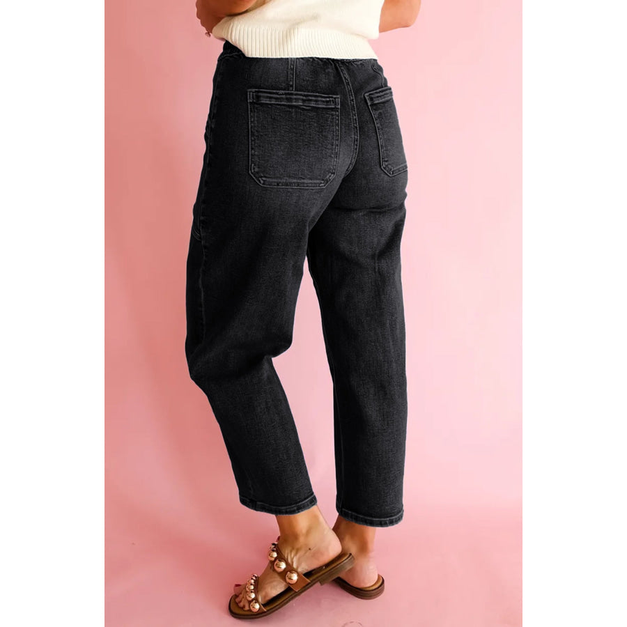 Black Drawstring Waist Ankle Length Casual Jeans Regular Fit Pocket Detail Denim Pants Black / 4 / 75% Cotton + 23% Polyester + 2% Elastane