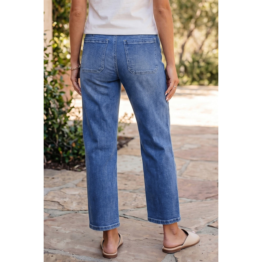 Black Drawstring Waist Ankle Length Casual Jeans Regular Fit Pocket Detail Denim Pants Bottoms/Jeans