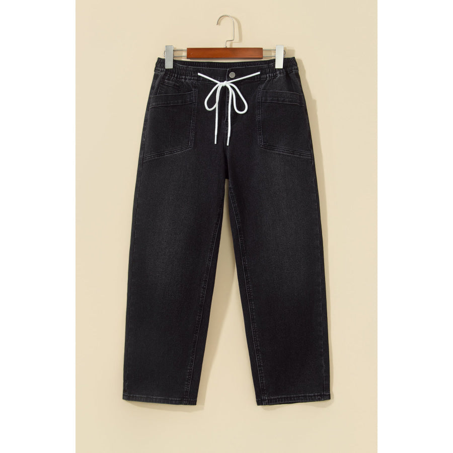 Black Drawstring Waist Ankle Length Casual Jeans Regular Fit Pocket Detail Denim Pants Bottoms/Jeans