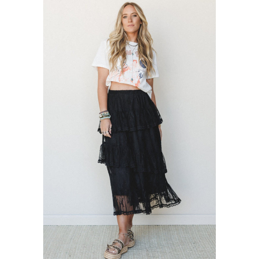 Black Elegant Ruffle Lace Tiered Skirt Bottoms/Skirts & Petticoat
