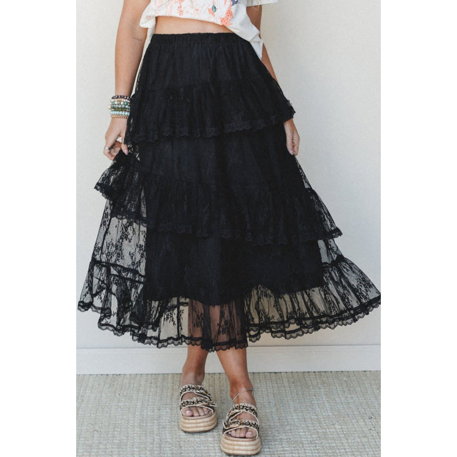 Black Elegant Ruffle Lace Tiered Skirt Bottoms/Skirts & Petticoat