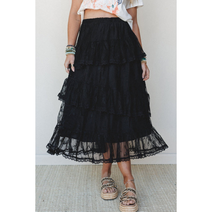 Black Elegant Ruffle Lace Tiered Skirt Black / S / 90% Polyamide + 10% Elastane Bottoms/Skirts & Petticoat