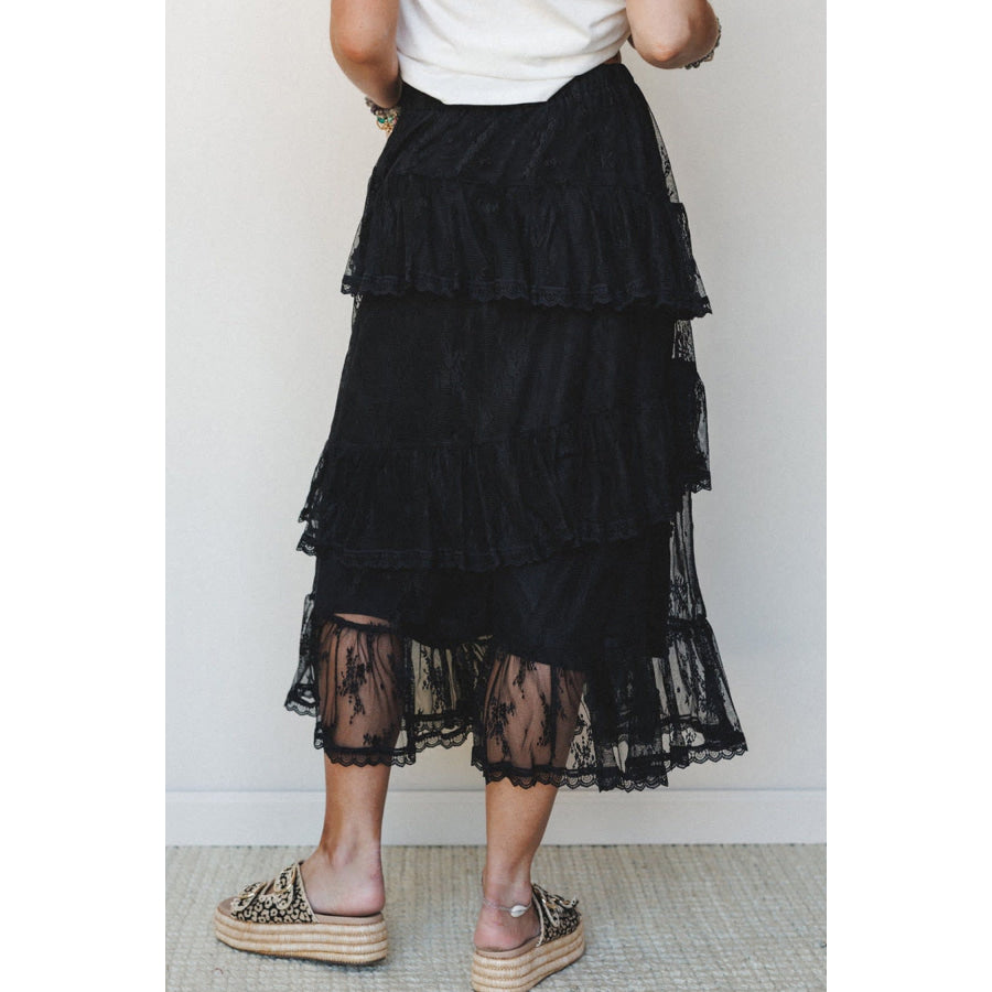 Black Elegant Ruffle Lace Tiered Skirt Bottoms/Skirts & Petticoat