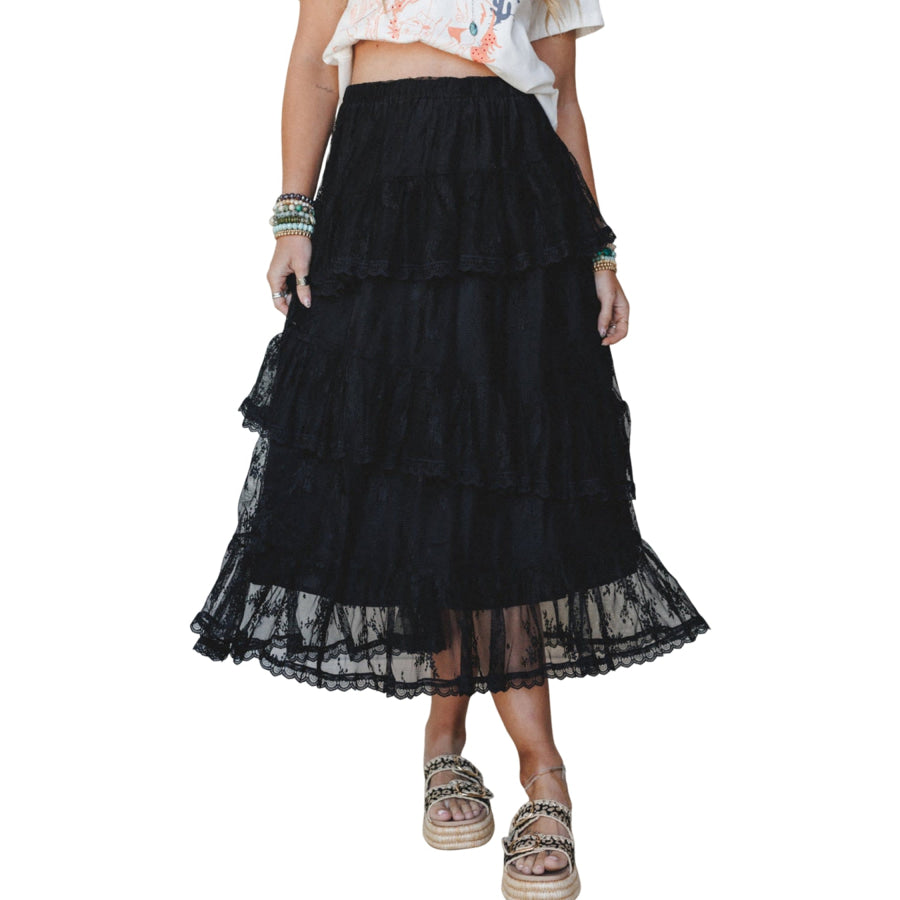 Black Elegant Ruffle Lace Tiered Skirt Bottoms/Skirts & Petticoat