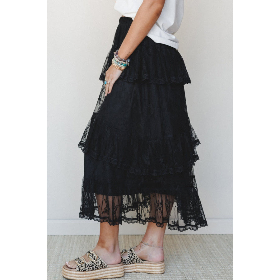Black Elegant Ruffle Lace Tiered Skirt Bottoms/Skirts & Petticoat