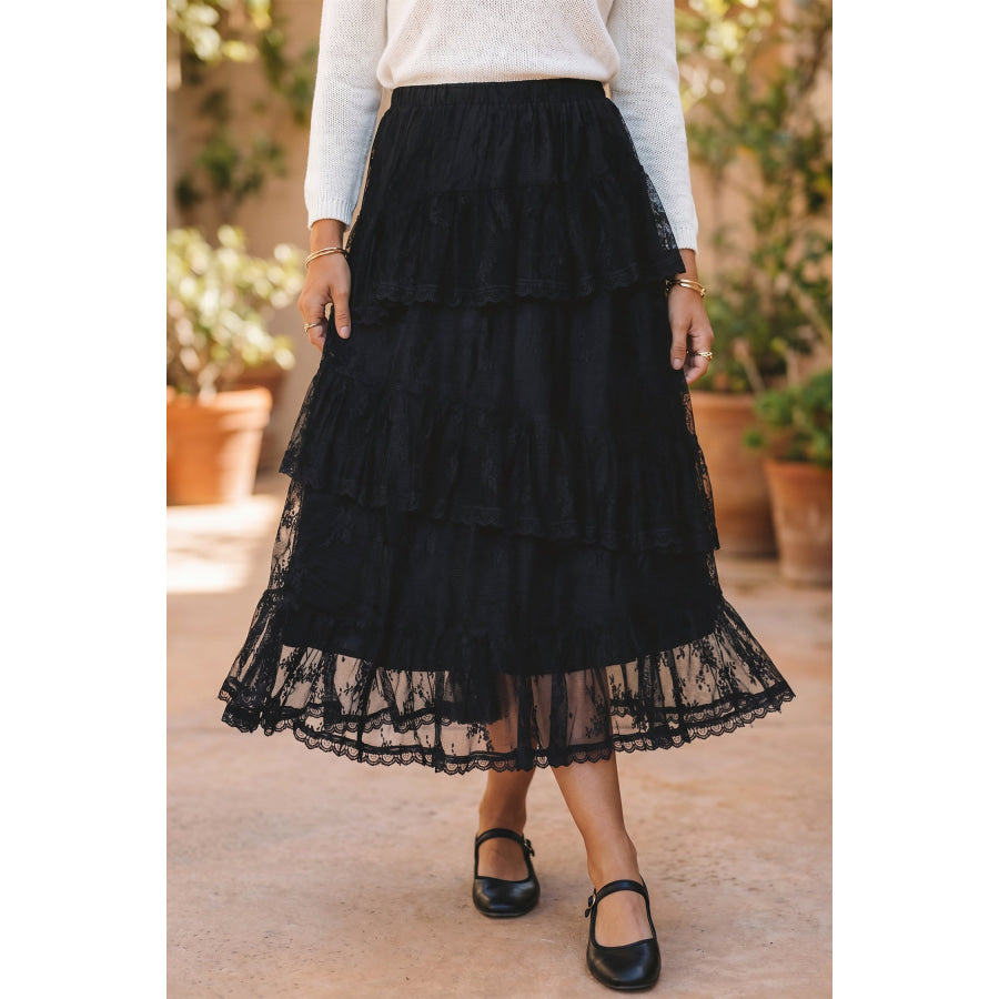 Black Elegant Ruffle Lace Tiered Skirt Black / S / 90% Polyamide + 10% Elastane Bottoms/Skirts & Petticoat