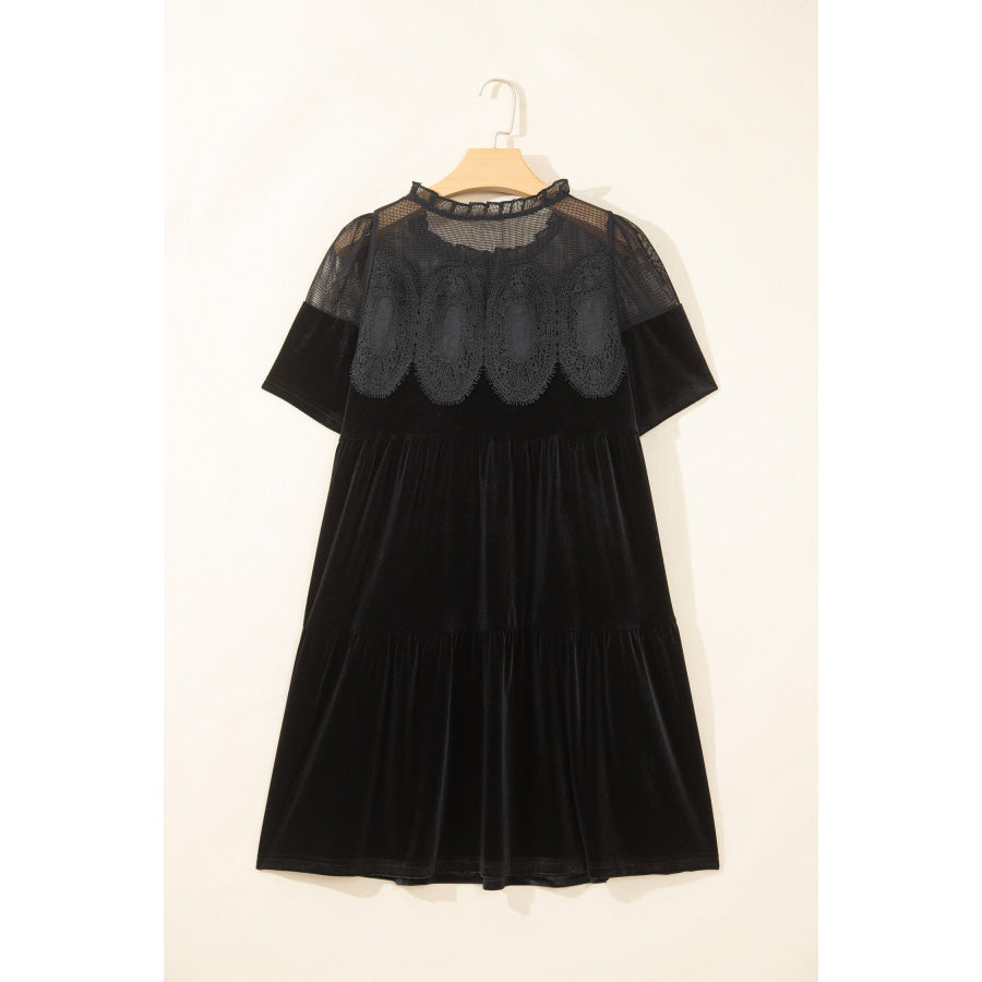 Black Embroidered Velvet Short Sleeve Mini Shift Dress Dresses/Mini Dresses