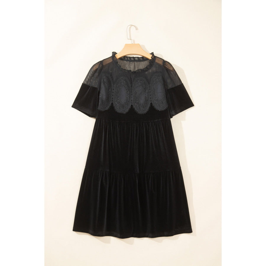 Black Embroidered Velvet Short Sleeve Mini Shift Dress Dresses/Mini Dresses