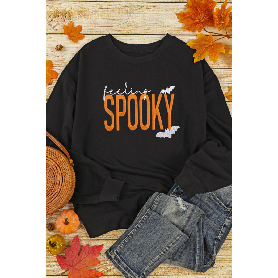 Black Feeling Spooky Halloween Embroidered Graphic Baggy Sweatshirt Graphic/Graphic Sweatshirts