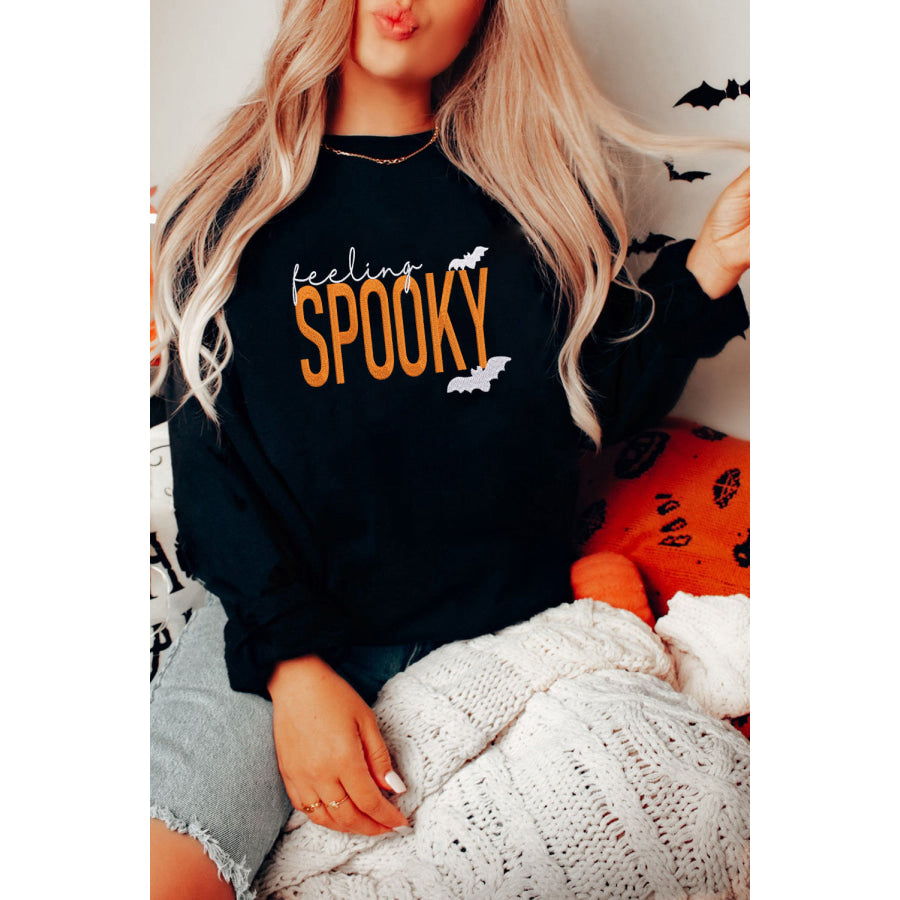 Black Feeling Spooky Halloween Embroidered Graphic Baggy Sweatshirt Graphic/Graphic Sweatshirts