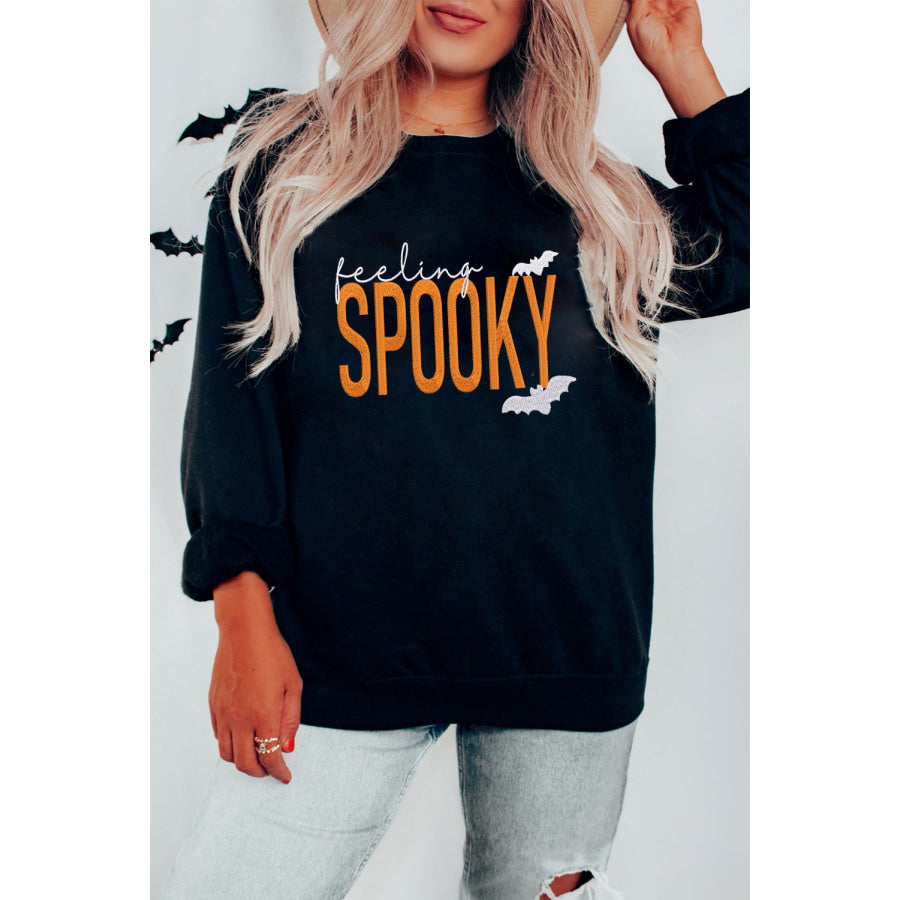 Black Feeling Spooky Halloween Embroidered Graphic Baggy Sweatshirt Graphic/Graphic Sweatshirts