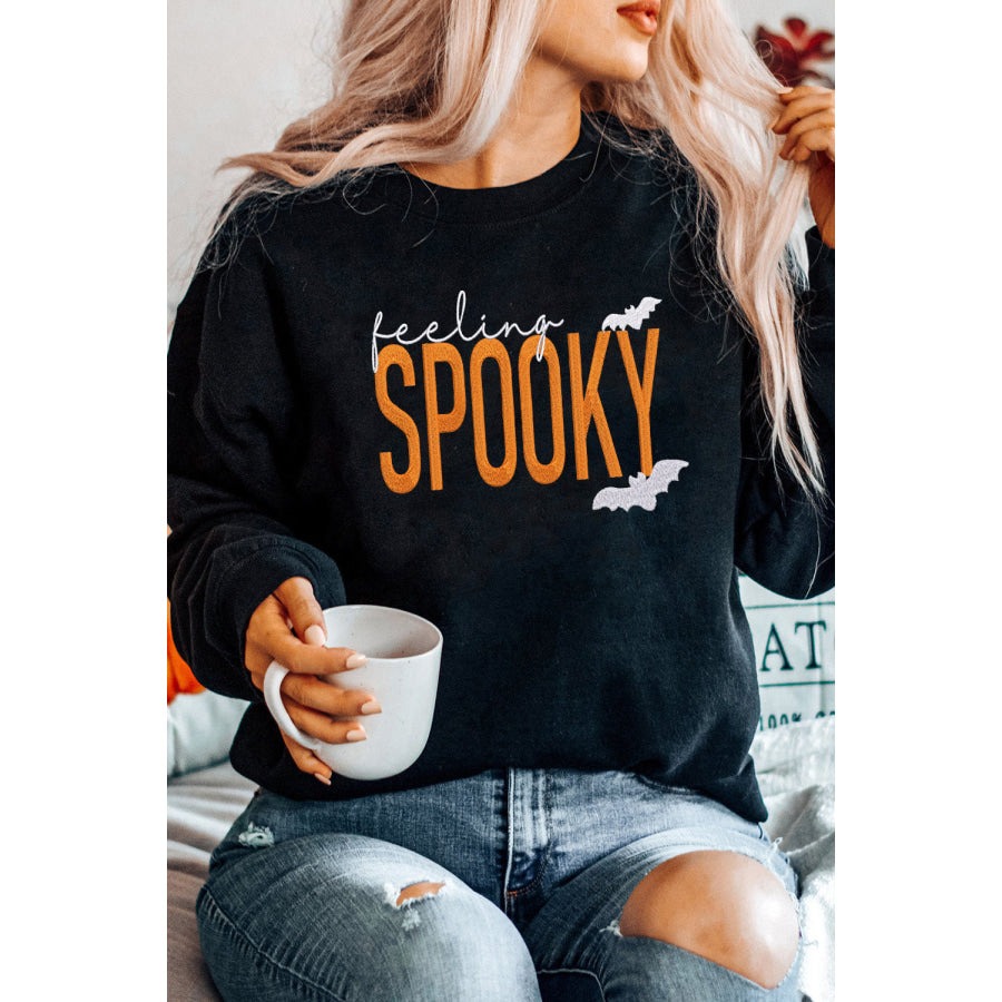 Black Feeling Spooky Halloween Embroidered Graphic Baggy Sweatshirt Black / S / 50% Polyester + 50% Cotton Graphic/Graphic Sweatshirts