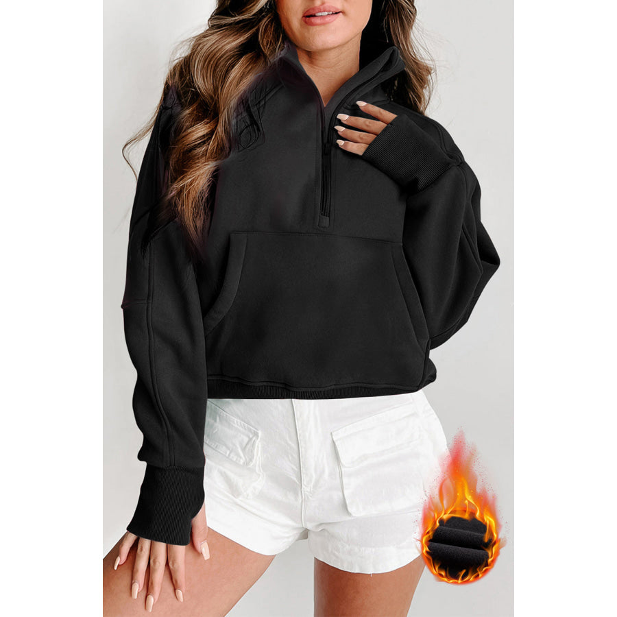 Black Fleece Lined Zip Up Stand Collar Thumbhole Sleeve Sweatshirt Black / S / 50% Polyester + 50% Cotton Tops/Sweatshirts & Hoodies
