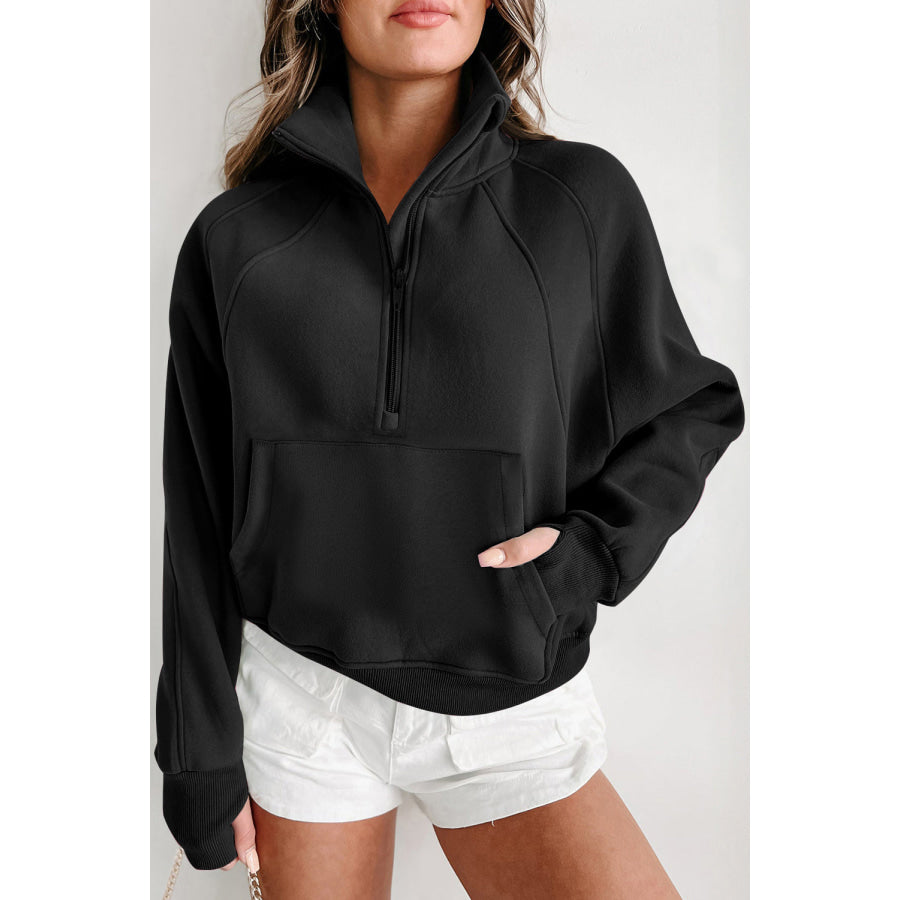 Black Fleece Lined Zip Up Stand Collar Thumbhole Sleeve Sweatshirt Tops/Sweatshirts &amp; Hoodies