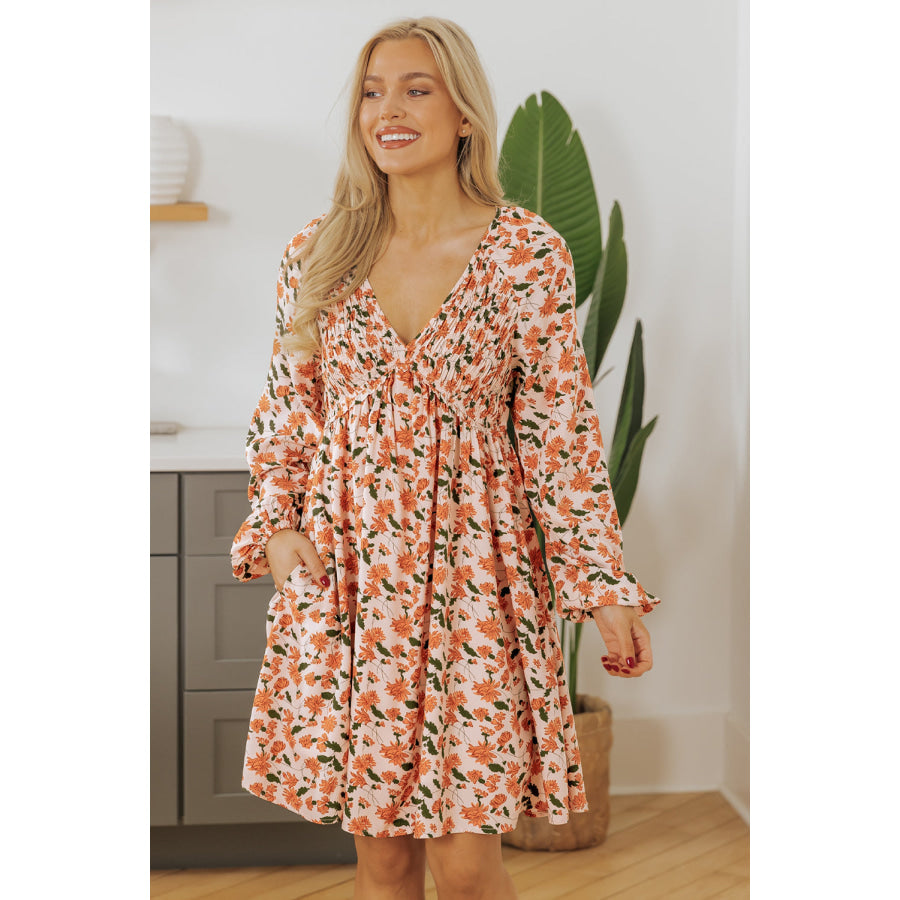 Black Floral Deep V Neck Smocked Bust Bubble Sleeve Babydoll Dress Beige / S / 100% Viscose Dresses/Mini Dresses