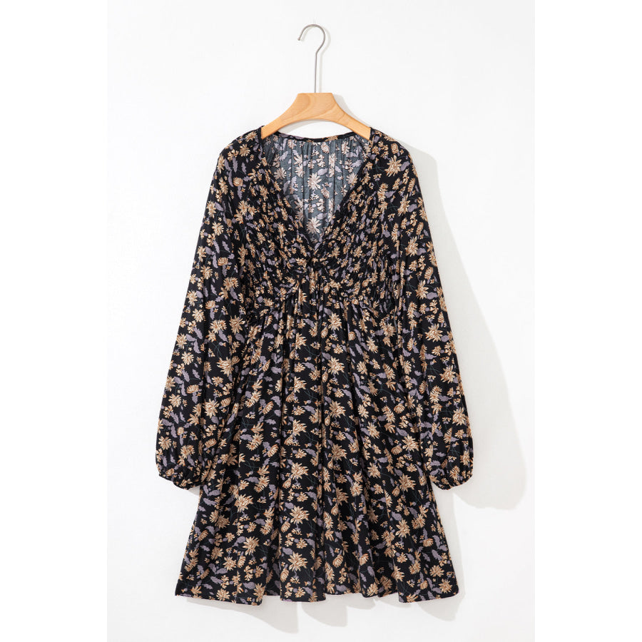 Black Floral Deep V Neck Smocked Bust Bubble Sleeve Babydoll Dress Dresses/Mini Dresses