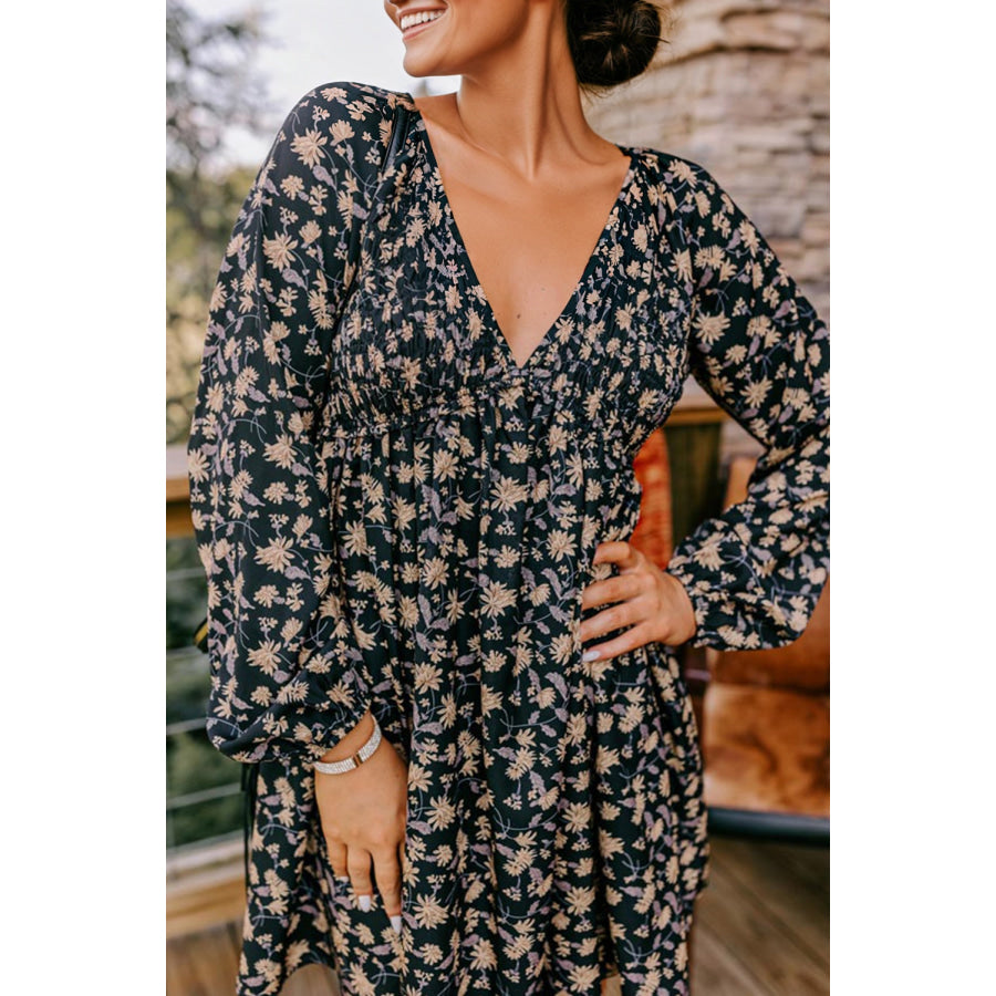 Black Floral Deep V Neck Smocked Bust Bubble Sleeve Babydoll Dress Black / S / 100% Viscose Dresses/Mini Dresses