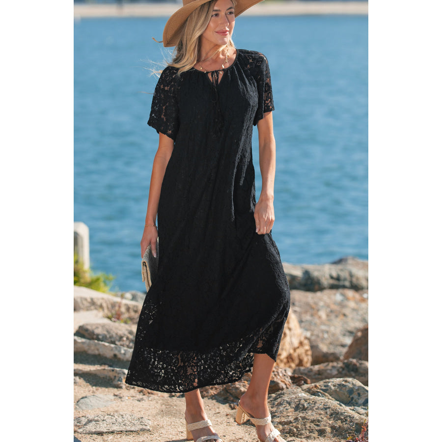 Black Floral Lace Overlay Tassel Tie Short Sleeve Beach Vacation Loose Maxi Dress Dresses/Maxi Dresses