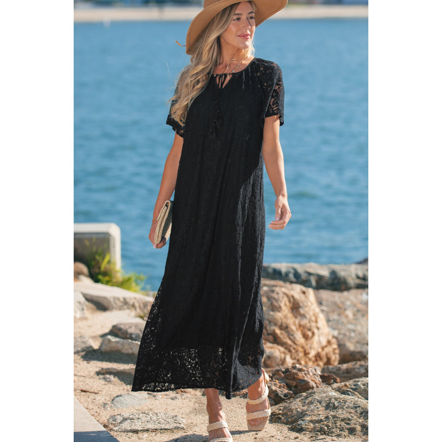 Black Floral Lace Overlay Tassel Tie Short Sleeve Beach Vacation Loose Maxi Dress Dresses/Maxi Dresses