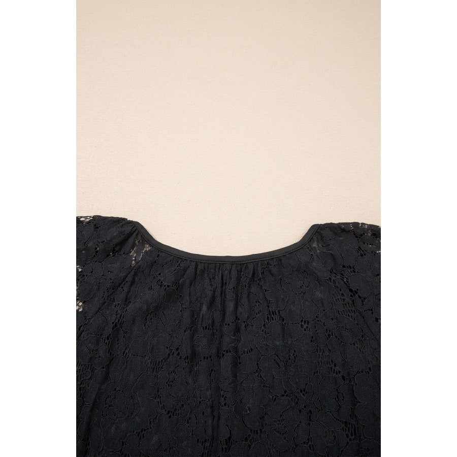 Black Floral Lace Overlay Tassel Tie Short Sleeve Beach Vacation Loose Maxi Dress Dresses/Maxi Dresses