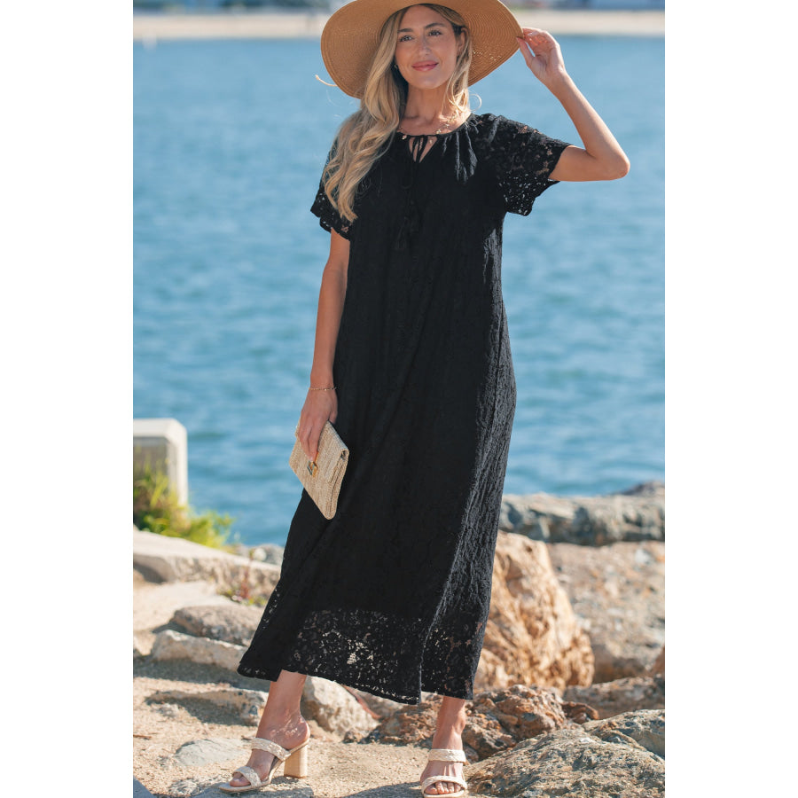 Black Floral Lace Overlay Tassel Tie Short Sleeve Beach Vacation Loose Maxi Dress Dresses/Maxi Dresses