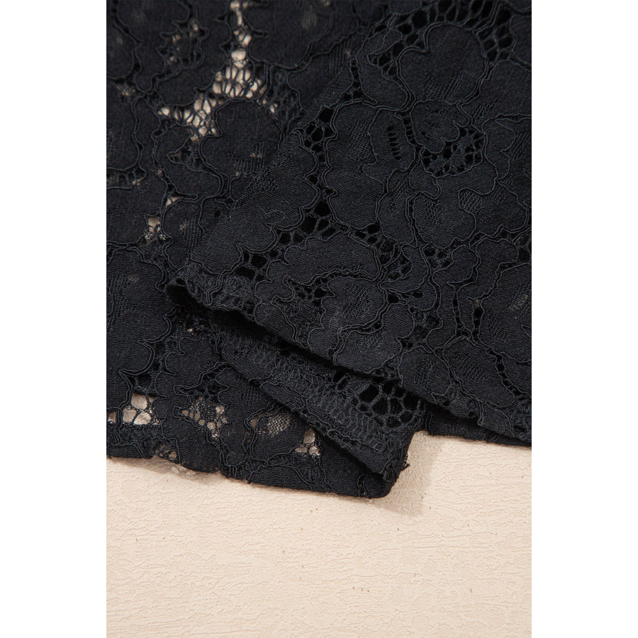 Black Floral Lace Overlay Tassel Tie Short Sleeve Beach Vacation Loose Maxi Dress Dresses/Maxi Dresses