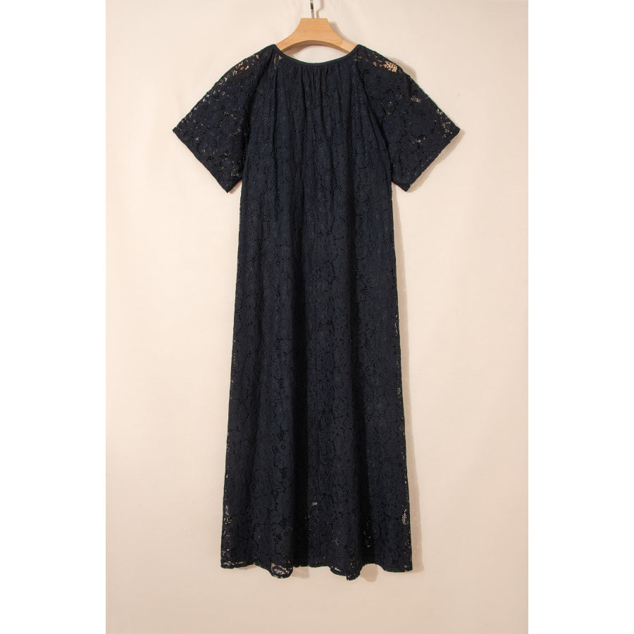 Black Floral Lace Overlay Tassel Tie Short Sleeve Beach Vacation Loose Maxi Dress Dresses/Maxi Dresses