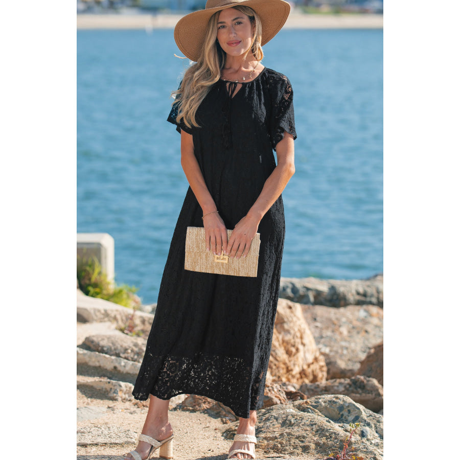 Black Floral Lace Overlay Tassel Tie Short Sleeve Beach Vacation Loose Maxi Dress Dresses/Maxi Dresses