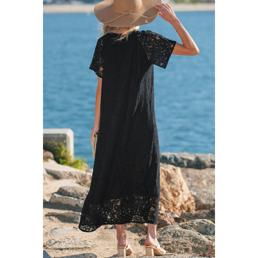 Black Floral Lace Overlay Tassel Tie Short Sleeve Beach Vacation Loose Maxi Dress Dresses/Maxi Dresses