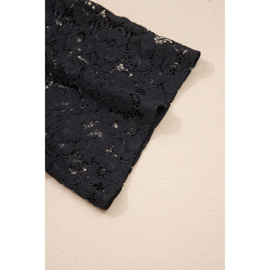 Black Floral Lace Overlay Tassel Tie Short Sleeve Beach Vacation Loose Maxi Dress Dresses/Maxi Dresses