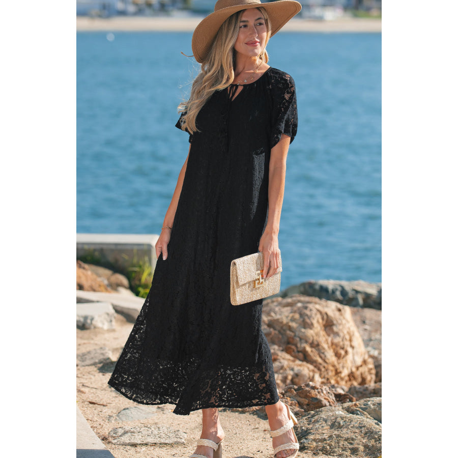 Black Floral Lace Overlay Tassel Tie Short Sleeve Beach Vacation Loose Maxi Dress Dresses/Maxi Dresses