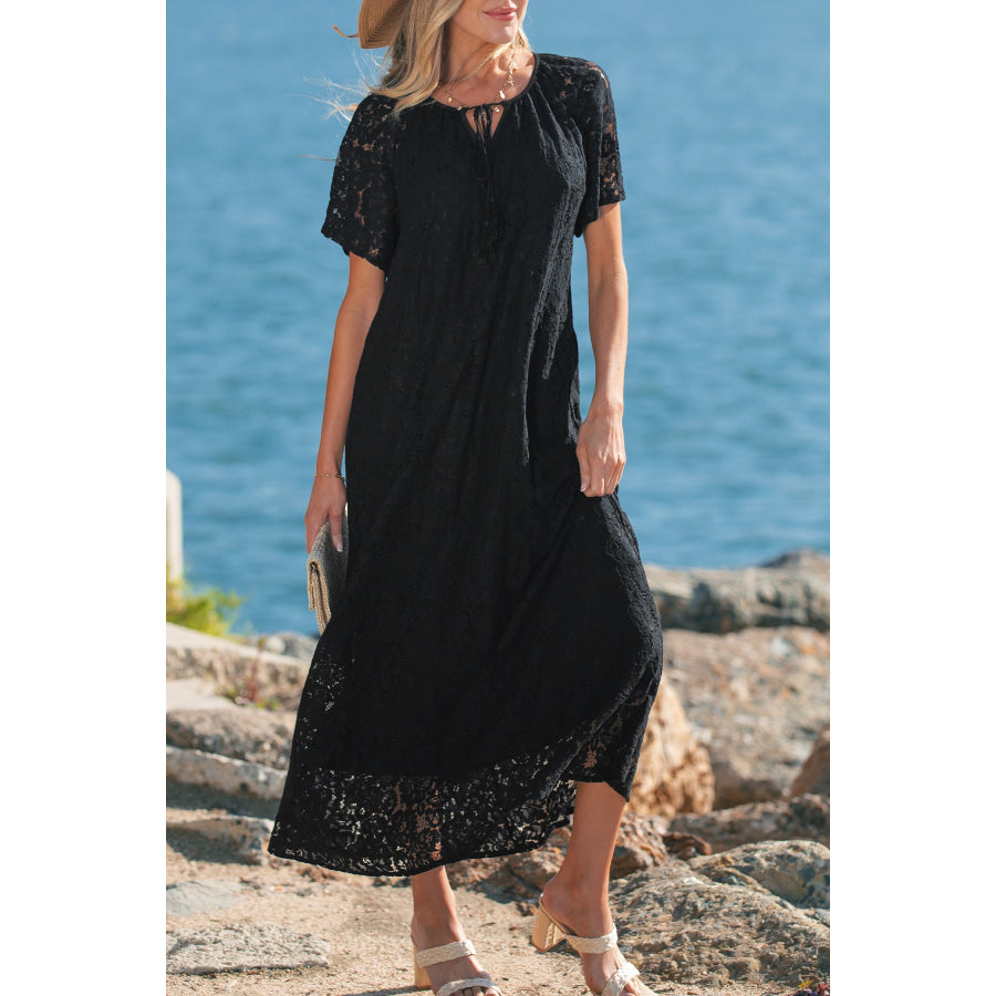 Black Floral Lace Overlay Tassel Tie Short Sleeve Beach Vacation Loose Maxi Dress Dresses/Maxi Dresses