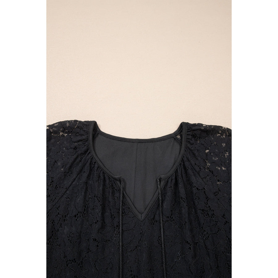 Black Floral Lace Overlay Tassel Tie Short Sleeve Beach Vacation Loose Maxi Dress Dresses/Maxi Dresses