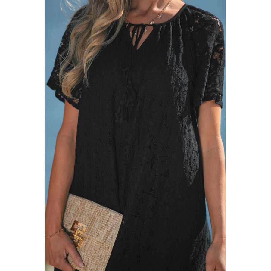Black Floral Lace Overlay Tassel Tie Short Sleeve Beach Vacation Loose Maxi Dress Dresses/Maxi Dresses
