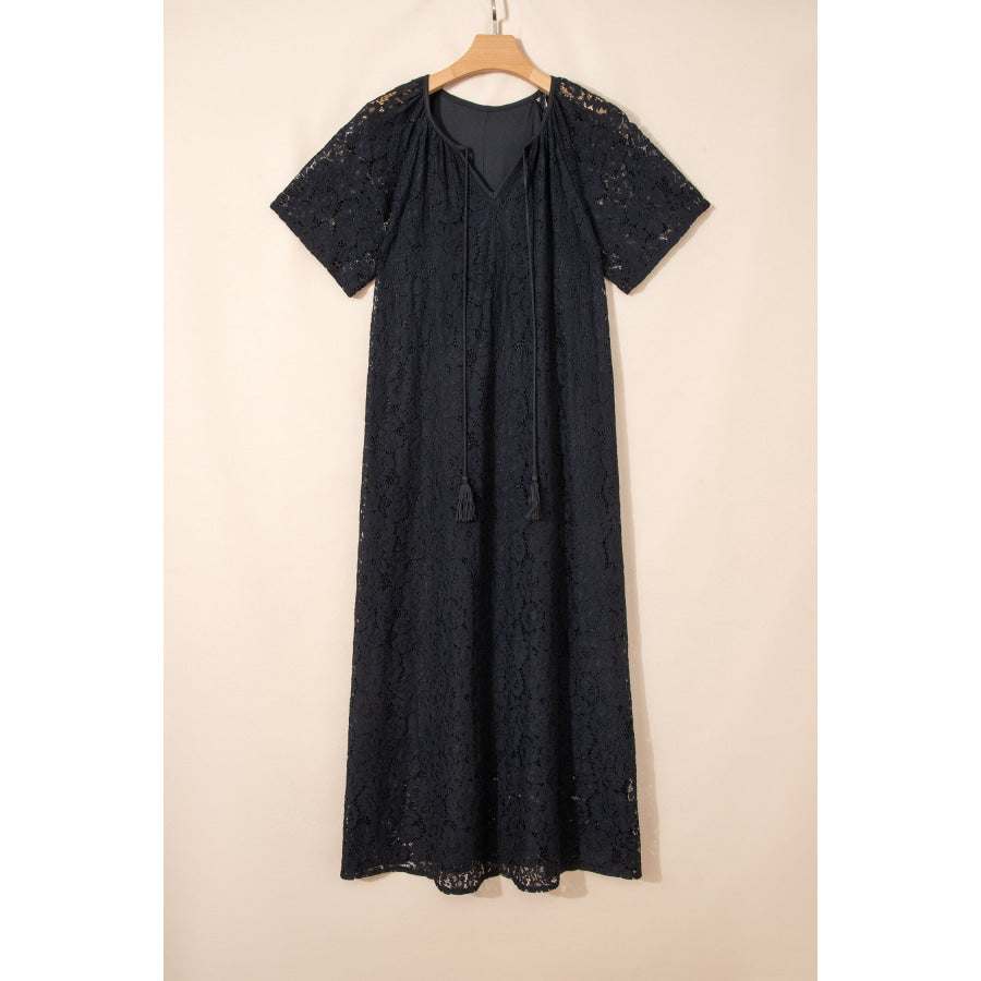 Black Floral Lace Overlay Tassel Tie Short Sleeve Beach Vacation Loose Maxi Dress Black / S / 80% Cotton + 20% Polyamide Dresses/Maxi