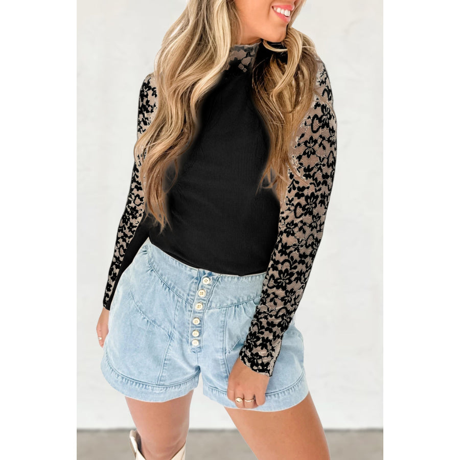 Black Floral Lace Patchwork Long Sleeve High Neck Slim Top Black / S / 93% Viscose + 7% Elastane Tops/Long Sleeve Tops