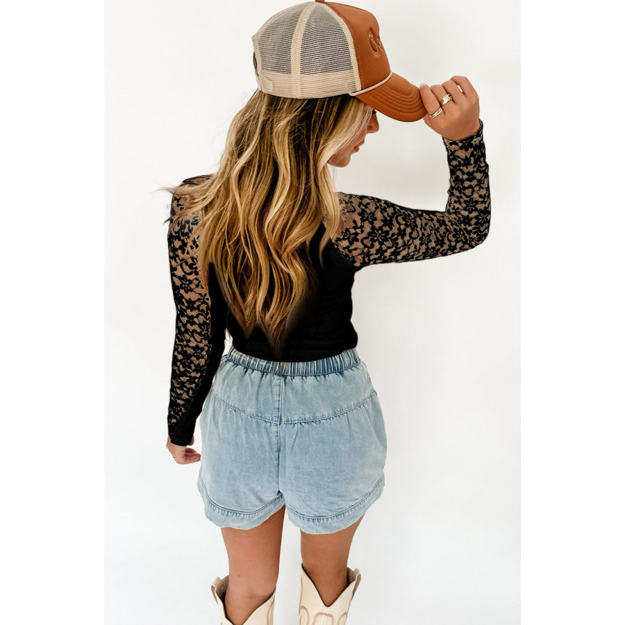 Black Floral Lace Patchwork Long Sleeve High Neck Slim Top Tops/Long Sleeve Tops