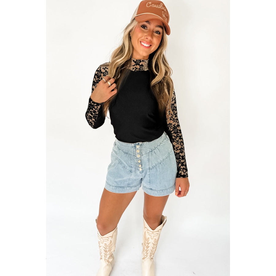Black Floral Lace Patchwork Long Sleeve High Neck Slim Top Tops/Long Sleeve Tops