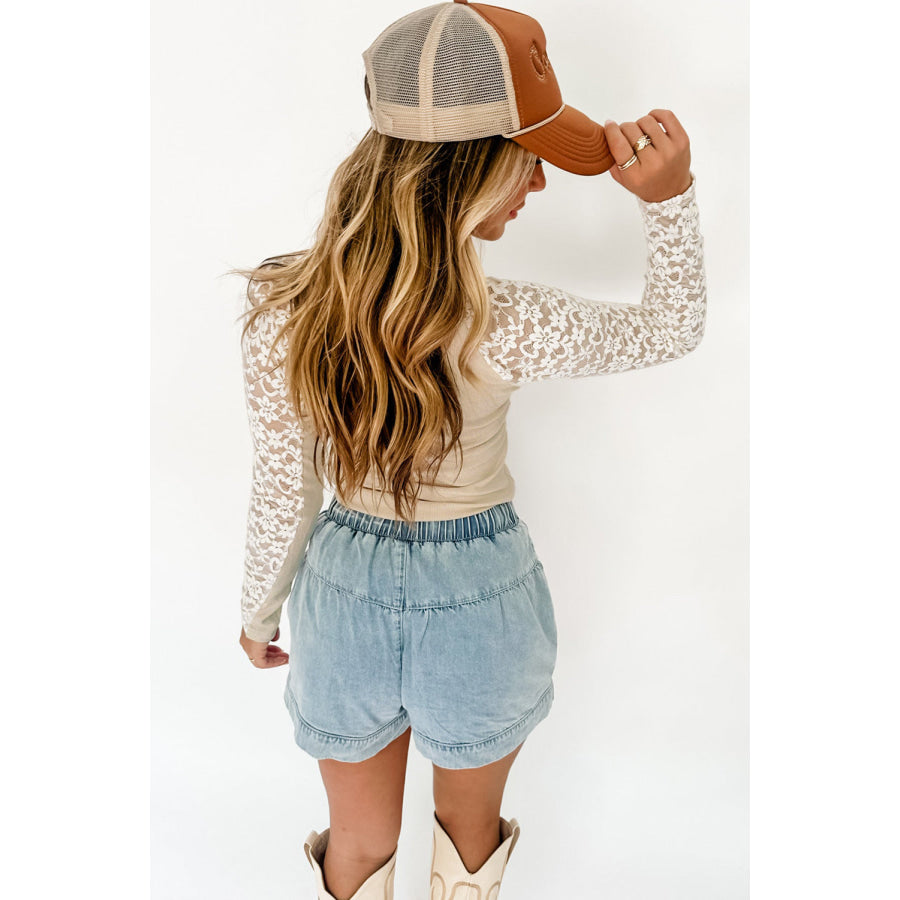 Black Floral Lace Patchwork Long Sleeve High Neck Slim Top Tops/Long Sleeve Tops