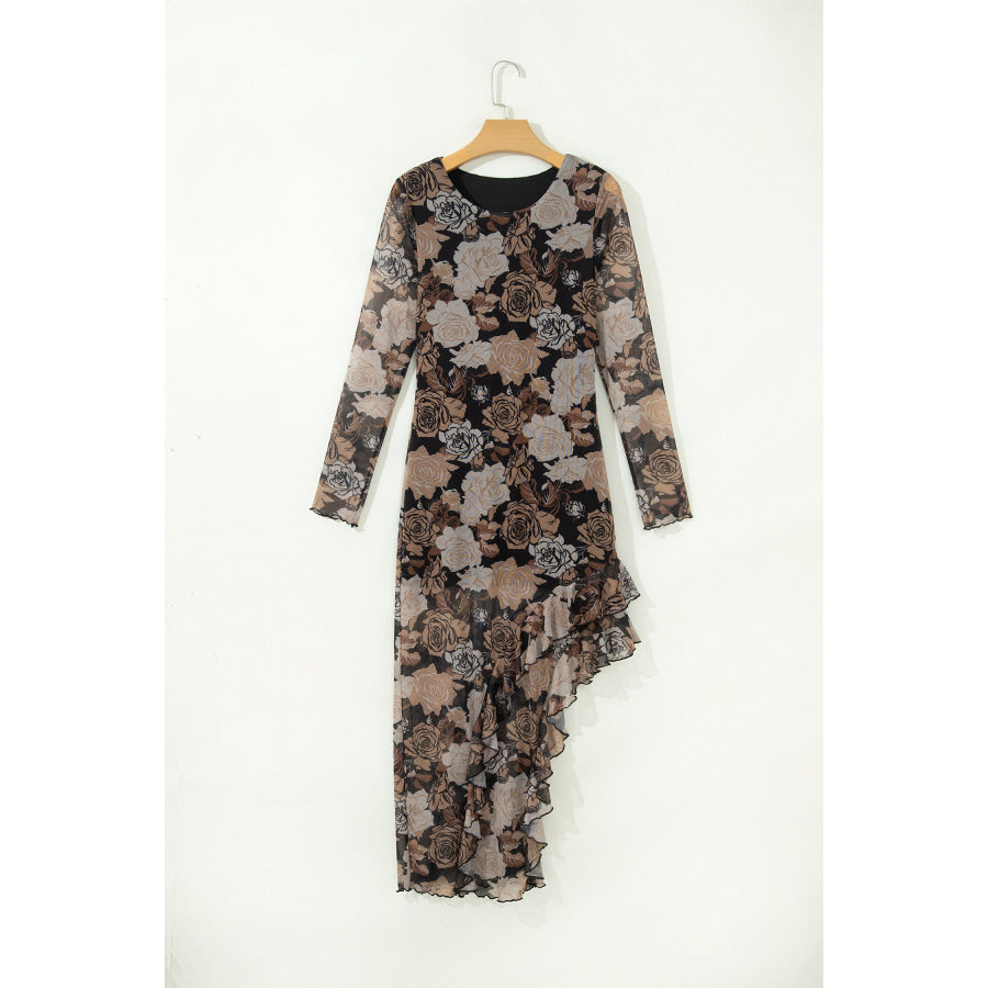 Black Floral Long Sleeve Asymmetric Ruffle Split Hem Mesh Dress Dresses/Floral Dresses