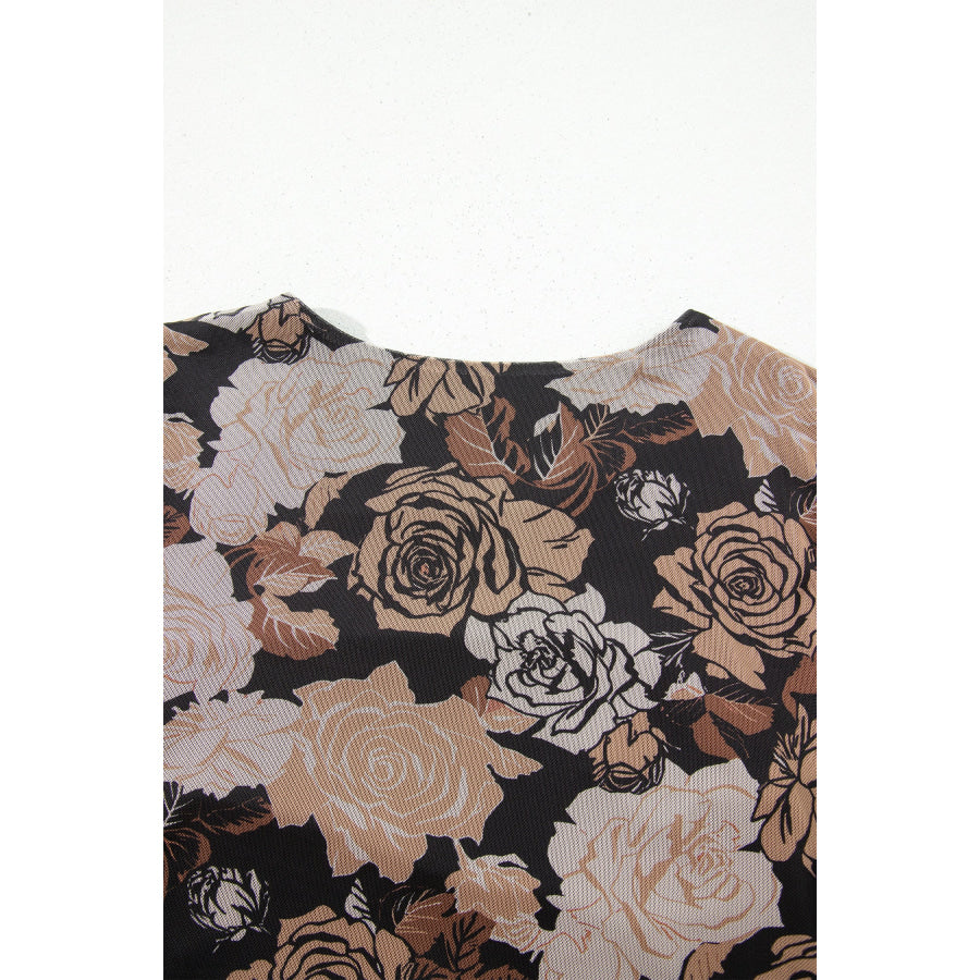 Black Floral Long Sleeve Asymmetric Ruffle Split Hem Mesh Dress Dresses/Floral Dresses