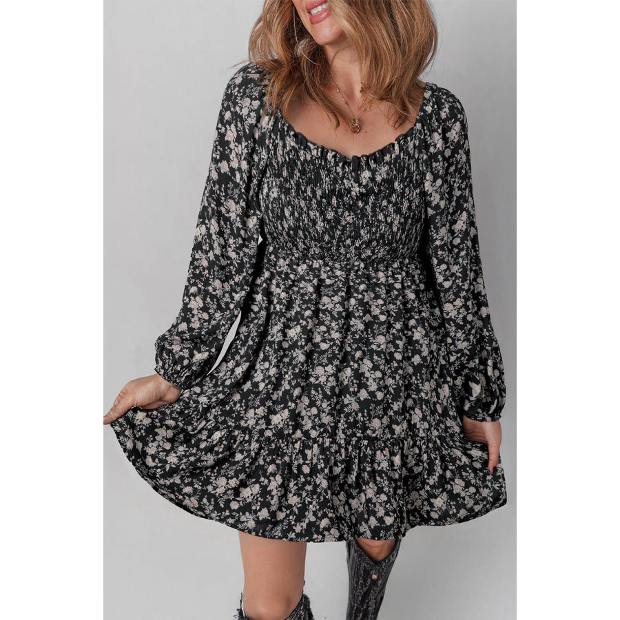 Black Floral Long Sleeve Frilly Shirred Square Neck Mini Dress / S / 100% Viscose Dresses/Floral Dresses