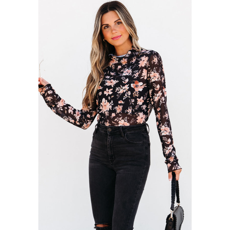 Black Floral Mesh Mock Neck Long Sleeve Slim Fit Top Sale (50% OFF)/Sale (50% OFF)
