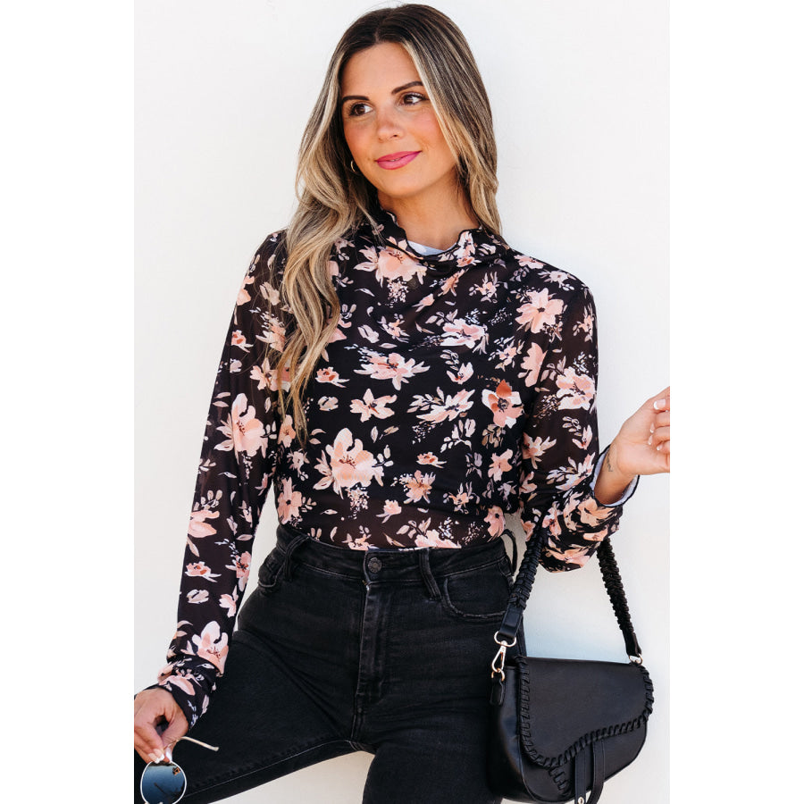 Black Floral Mesh Mock Neck Long Sleeve Slim Fit Top Sale (50% OFF)/Sale (50% OFF)